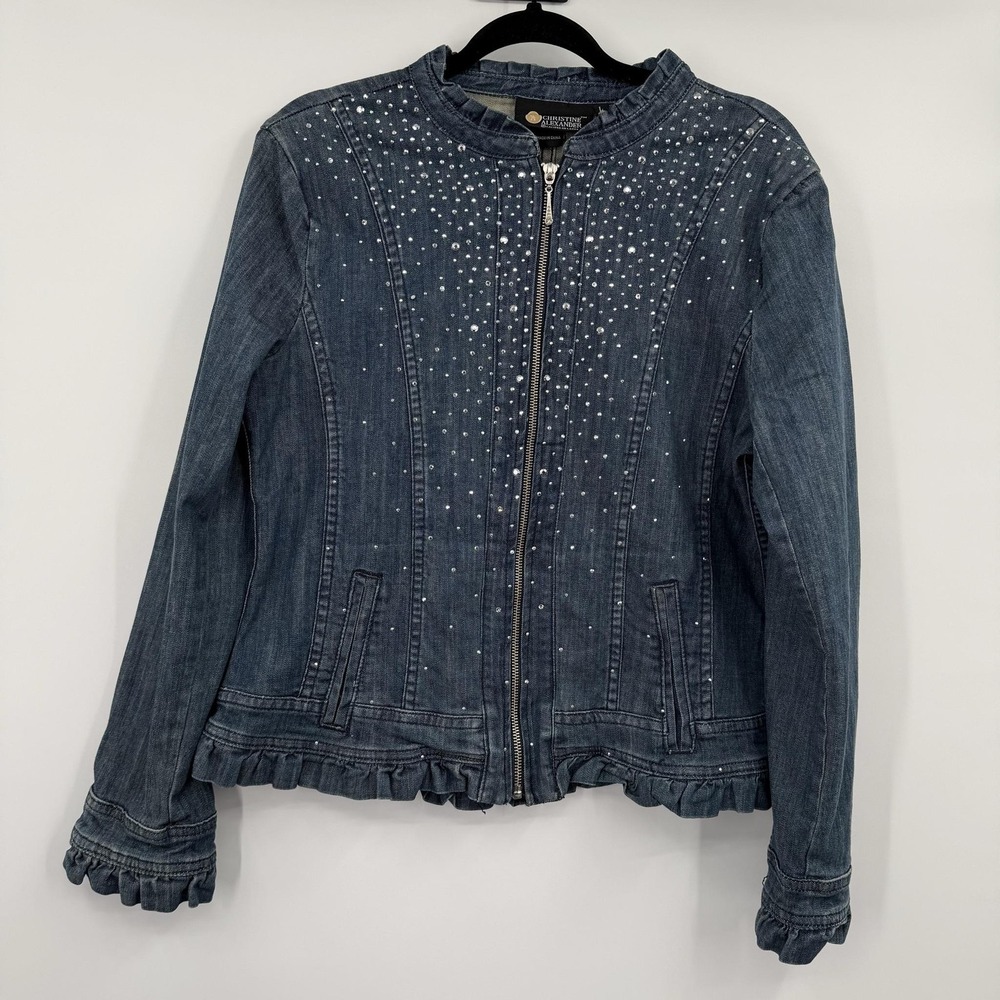 Christine Alexander Jacket Womens Large Blue Rhinestone Ruffle Zip Pockets denim